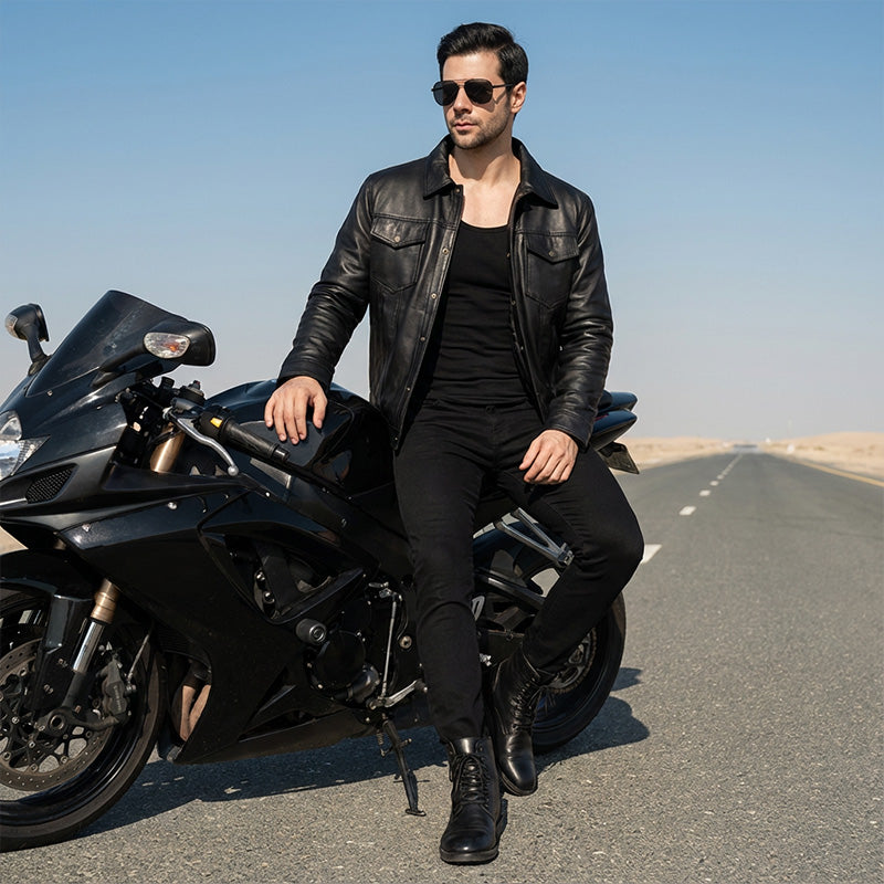 Man in black leather jacket and sunglasses sitting on a motorcycle on an open road.