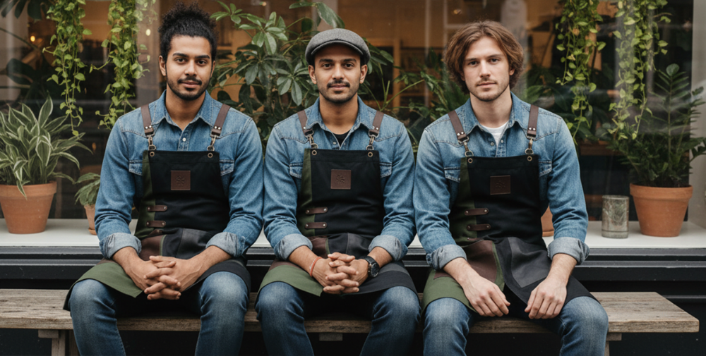 Three men wearing denim shirts and aprons sitting on a bench with plants in the background.