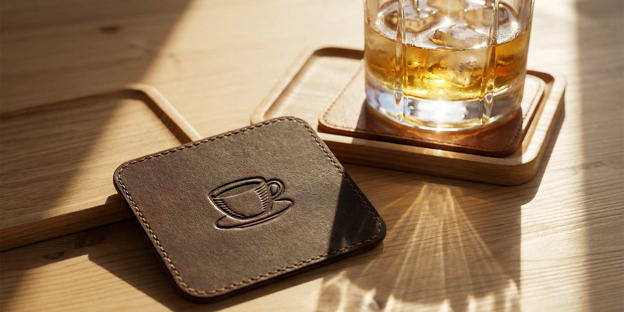 Brown leather coaster with cup design on a wooden surface next to a glass of whiskey.