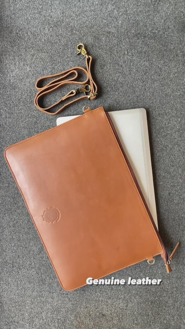 tan leather laptop sleeve with the handle 