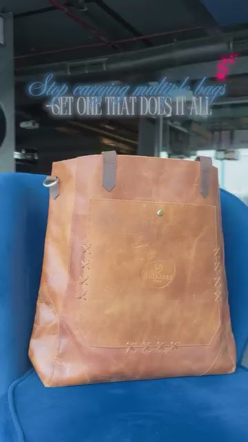 showing leather tote bag