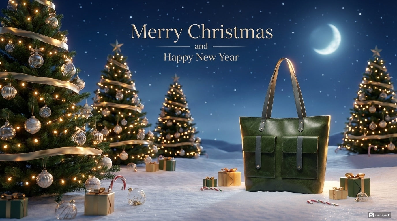 Green handbag on a snowy landscape with Christmas trees and presents under a night sky.