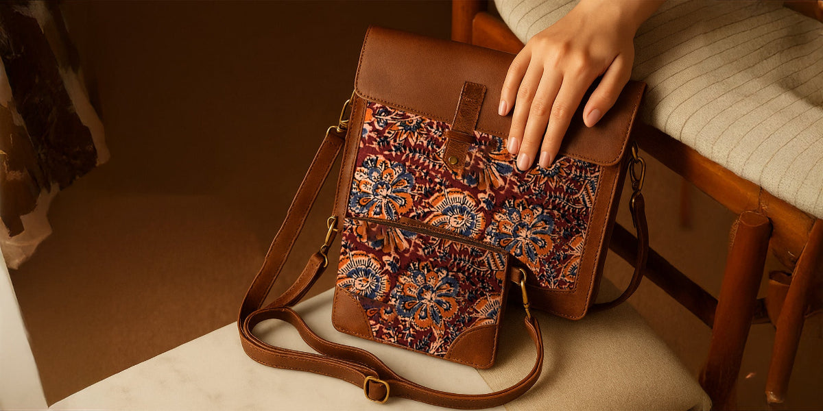 Brown leather handbag with floral pattern on a chair