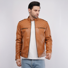 Man wearing a tan leather jacket on a white background